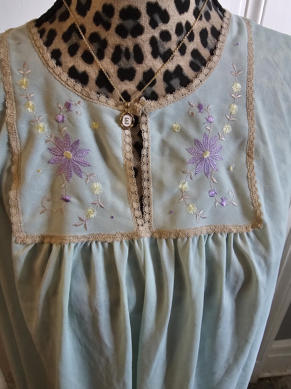 Vintage Blue Embroidered Floral Nightgown